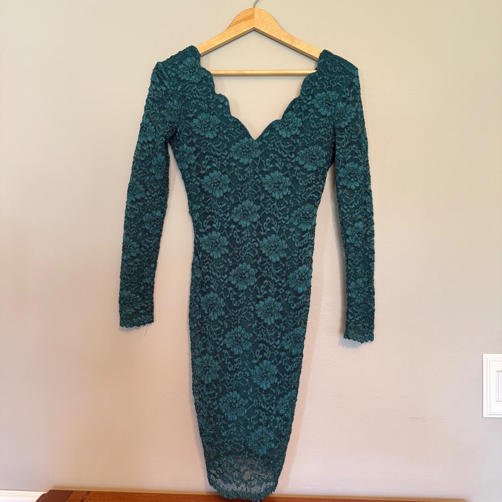 Vintage Teal‎ Floral Lace Scalloped V-Neck Long Sleeve Bodycon Dress Size 9/10